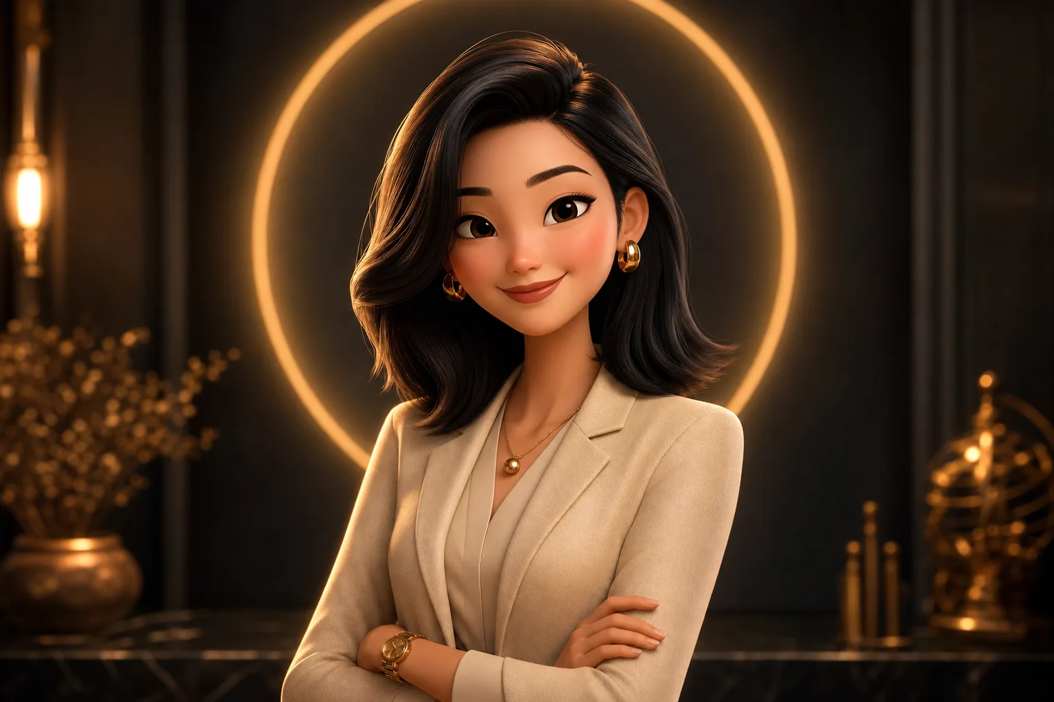 หญิงสาวสไตล์พิกซาร์แต่งตัวหรูหรา ยืนพับแขนยิ้มมั่นใจในฉากมืดพรีเมียมพร้อมแสงขอบทอง