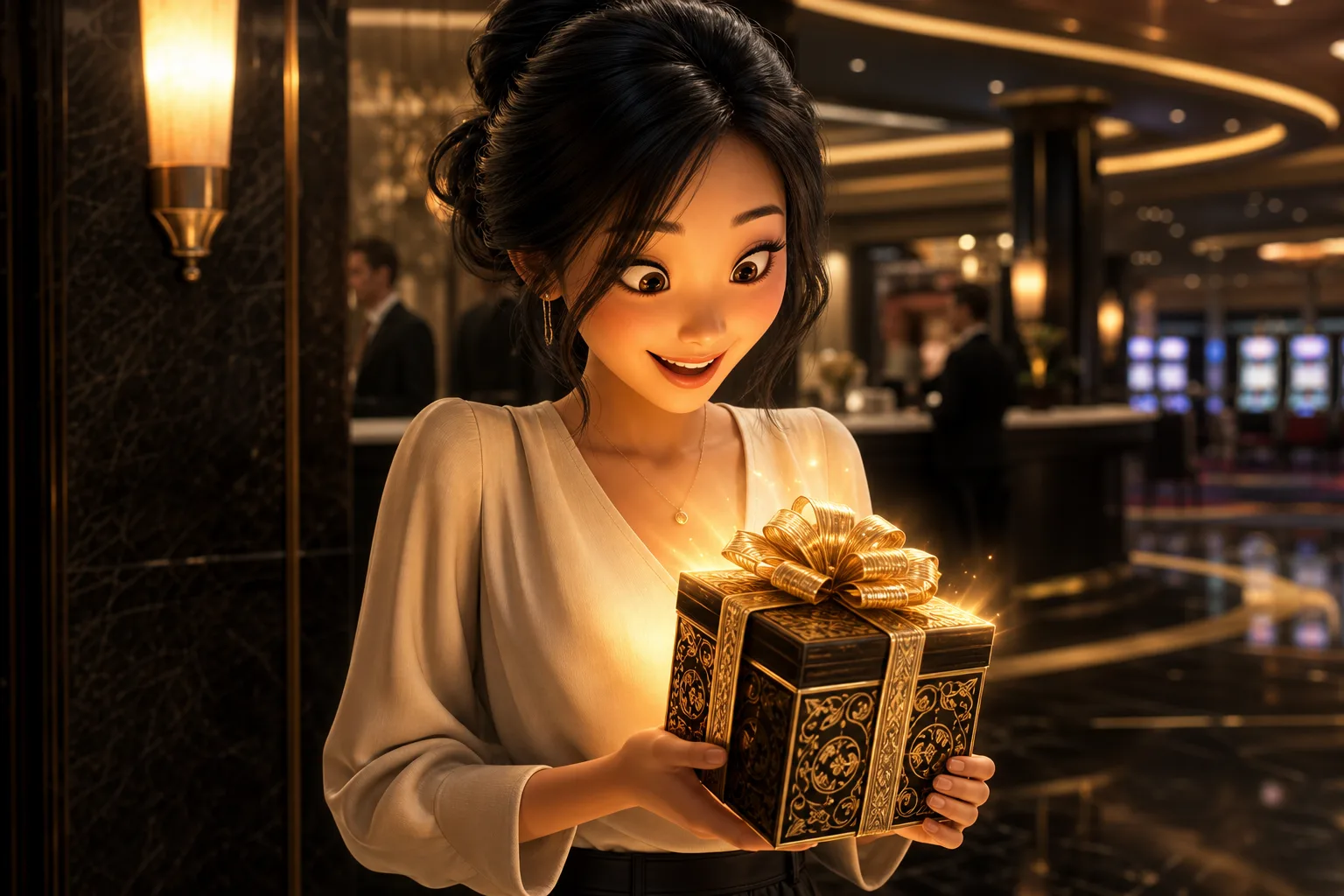 หญิงสาวสไตล์ Pixar 3D รับกล่องของขวัญเรืองแสงทองในล็อบบี้คาสิโนสุดหรู