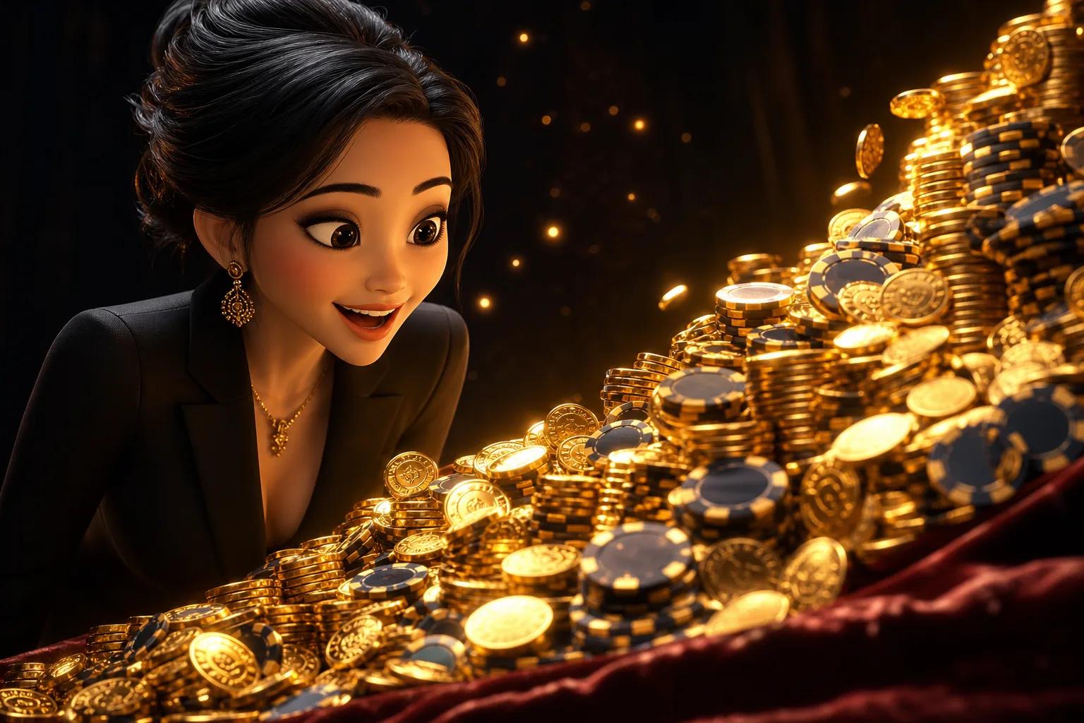 หญิงสาวสไตล์ Pixar 3D มองเหรียญทองและชิปเพิ่มพูนเป็นสองเท่าบนโต๊ะกำมะหยี่สีเข้ม