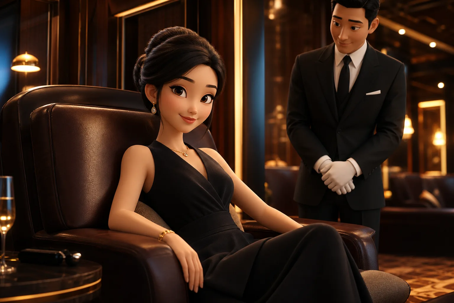 หญิงสาวสไตล์ Pixar 3D นั่งผ่อนคลายใน VIP เลานจ์หรูพร้อมที่ปรึกษาส่วนตัวยืนรับใช้